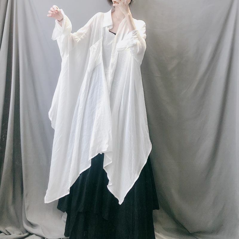 النمط الأدبي بسيط منتصف طول قميص أبيض فضفاض طويل الأكمام طبقة مزدوجة فستان المرأة برودالقماش كامل المرأة