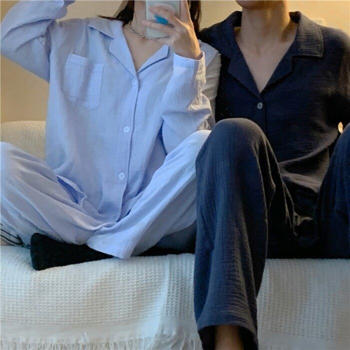 الخريف/الشتاء الكورية نمط لباس خارجي Homewear زوجين منامة مجموعة المرأة طويلة الأكمام بلوزات وبنطلون بلون عادية