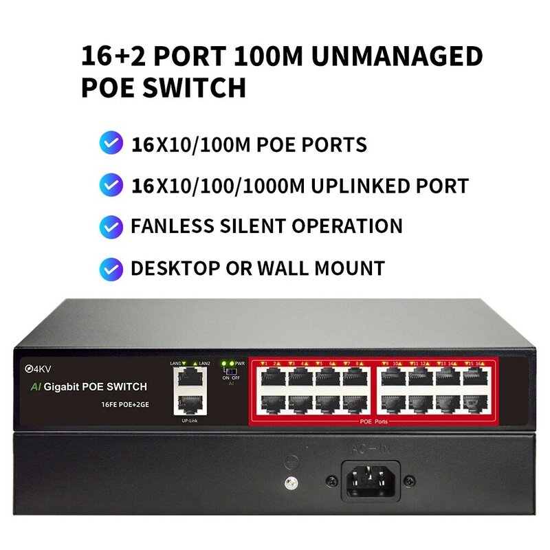 مفتاح POE 48V ، 10 منافذ ، مع معيار IEEE 802.3 af/at RJ45 ، شبكة ethernet ، مع 10/100Mbps ، لجميع كاميرات POE