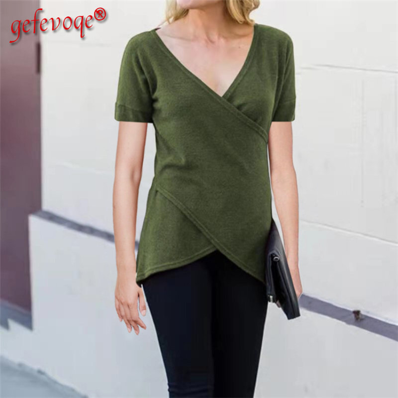2022 New Spring Summer V-neck Asymmetric Comfortable Cotton T-shirt Short-sleeved Solid Color Casual Loose Plus Size Women's Top