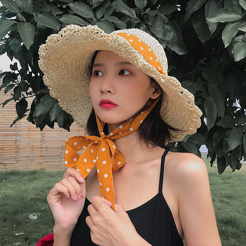 النمط الياباني ضمادة القماش القش الكورية الإناث الصيف البولكا نقطة الذاتي التعادل قبعة للشاطئ إيندي شاطئ البحر عطلة الحماية من الشمس