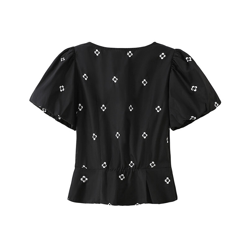 الكورية أنيقة قصيرة الأكمام قميص المرأة 2021 الصيف تصميم جديد مطوي إغلاق الخصر الأزهار التطريز الإناث مزاجه القمم