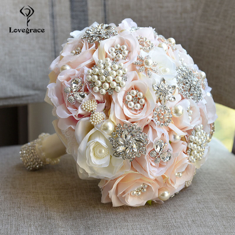 Lovegrace-باقة من الورود الاصطناعية لوصيفات العروس ، زهور اصطناعية فاخرة من الحرير الوردي واللؤلؤ الكريستالي ، للزفاف #1