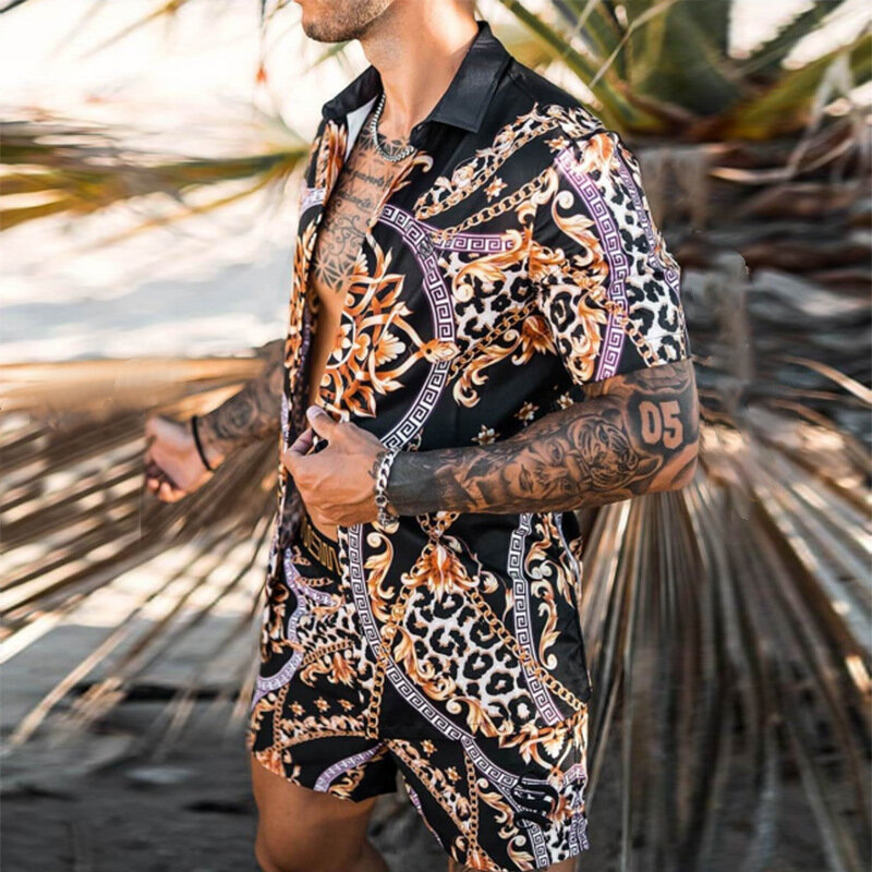 الرجال الصيف حجم كبير طباعة الموضة عادية سريعة الجافة هاواي شاطئ نمط فضفاض السراويل أكمام قميص مجموعة