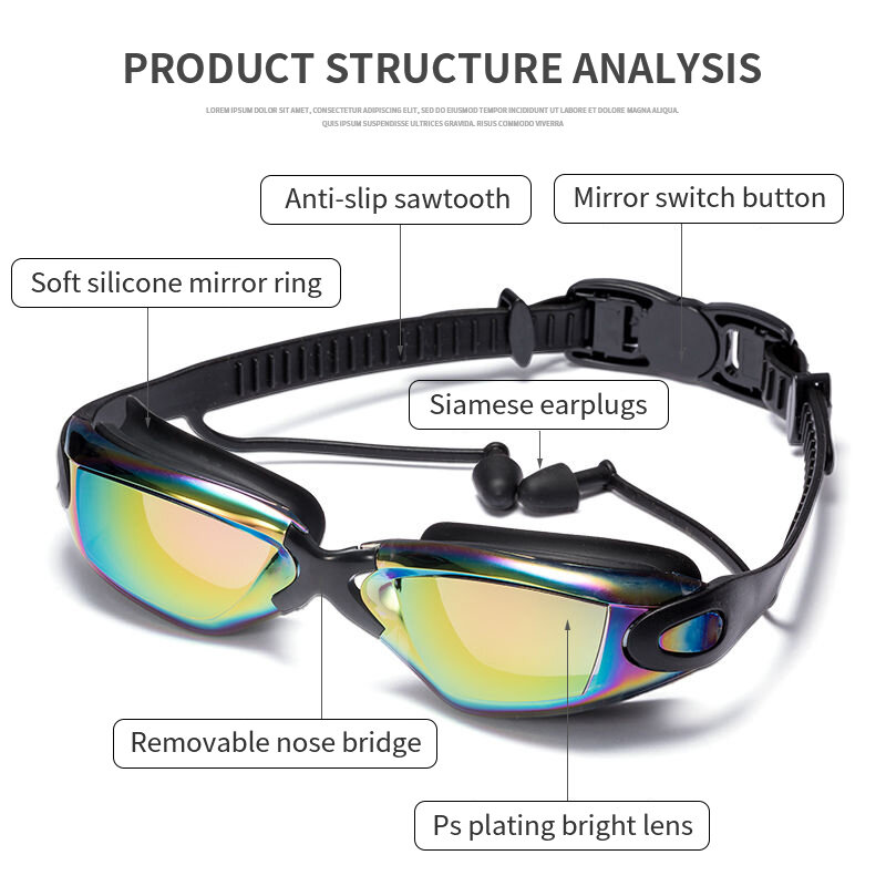 الكبار مكافحة الضباب المهنية نظارات الوقاية للسباحة نظارات سباحة سوداء مع سدادات مشبك الأنف بالكهرباء سيليكون نظارات السباحة