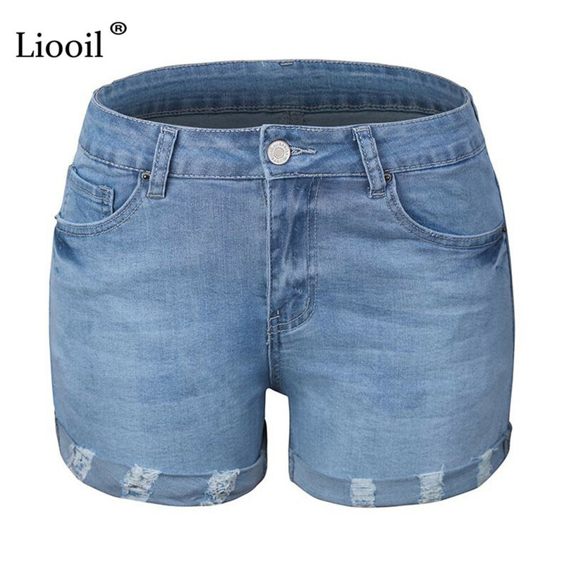شورتات جينز Liooil مثيرة ممزقة مكبلة للنساء لصيف 2022 ملابس الشارع الشهير مع جيوب زرقاء عالية الخصر ذات فتحات من قماش الدنيم