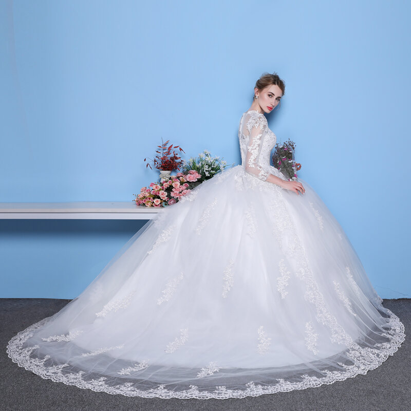 مثير انظر من خلال فستان الزفاف الفاخرة طويلة الأكمام ثوب 2020 الدانتيل مطرز مارياج زي العرائس Vestido De Noiva