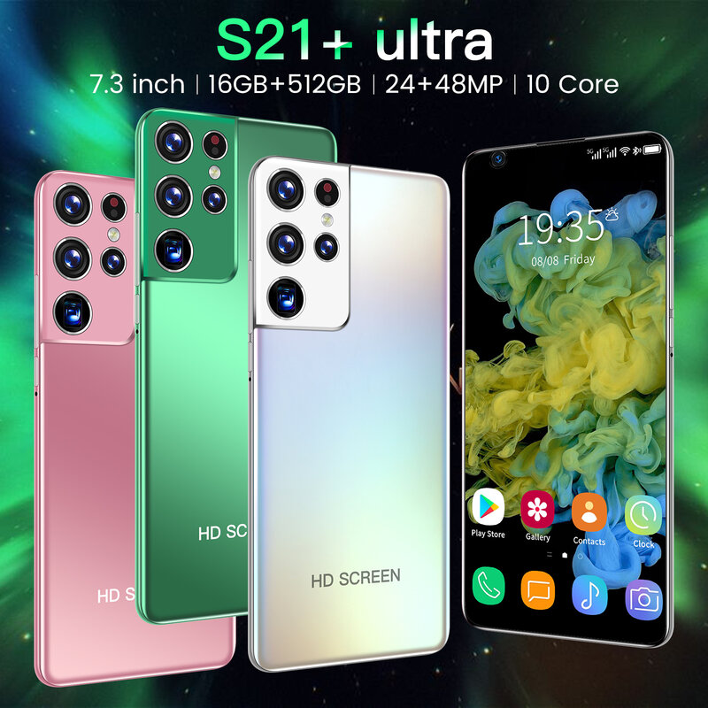 النسخة العالمية S21 + Ultra 7.3 Inch هاتف ذكي أندرويد 10.0 16GB RAM 512GB ROM المزدوج سيم مقفلة الهاتف المحمول MTK 6799 عشاري النواة