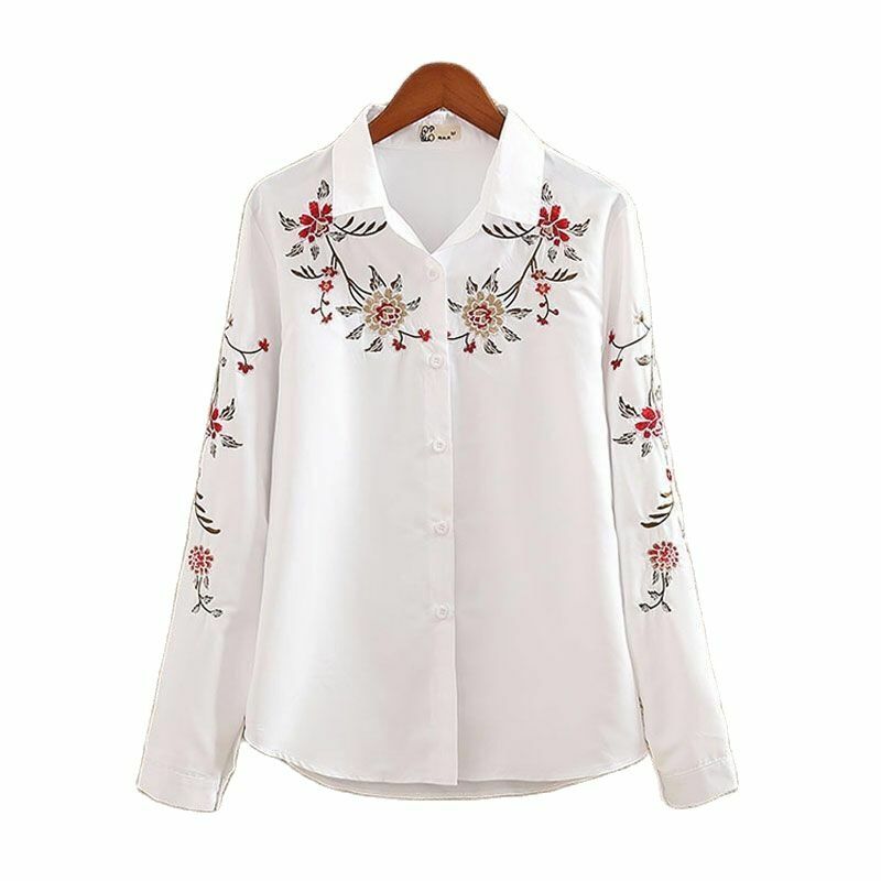 حجم كبير ملابس النساء قميص أبيض طويل الأكمام الخريف Vintage بلوزة مطرزة زهرة السيدات زر حتى قميص بلايز عادية 5XL