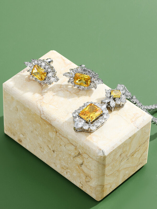 INALIS النحاس مجوهرات الأصفر زركونيا مجوهرات الزفاف للنساء مخلب النمذجة أقراط قلادة القلائد هدايا رائعة