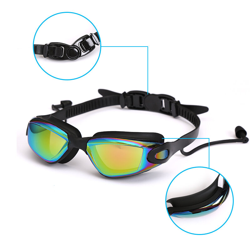 الكبار مكافحة الضباب المهنية نظارات الوقاية للسباحة نظارات سباحة سوداء مع سدادات مشبك الأنف بالكهرباء سيليكون نظارات السباحة