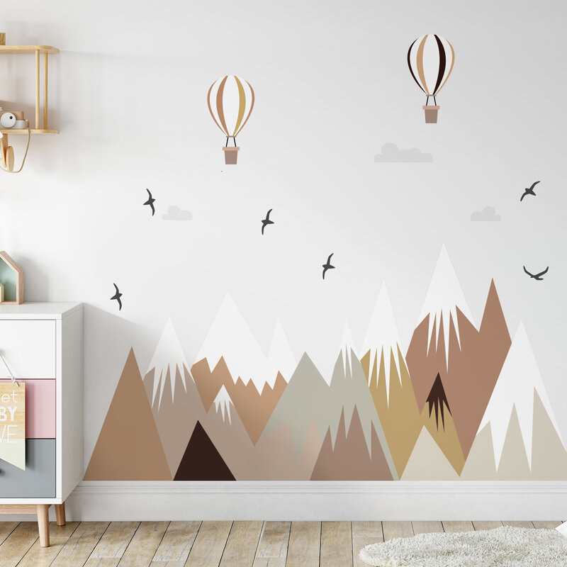 الكرتون البني الجبل الطيور بالونات ملصقات جدار للأطفال غرفة المعيشة خلفية مقاوم للماء ذاتية اللصق النسيج جدارية