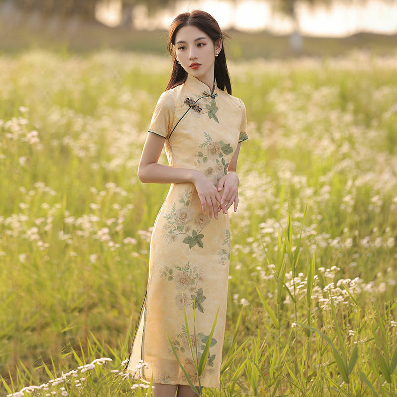 Landuxiu الأزهار تشيباو المرأة الصينية التقليدية شيونغسام فساتين قائم مطبوع طوق قصيرة الأكمام أنيقة الرجعية حجم كبير
