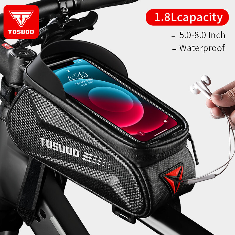 TOSUOD دراجة حقيبة 1.8L الإطار الأمامي أنبوب غير نافذ للمطر الدراجات حقيبة دراجة غطاء هاتف مضاد للماء 8 بوصة لمس قشرة صلبة حقيبة