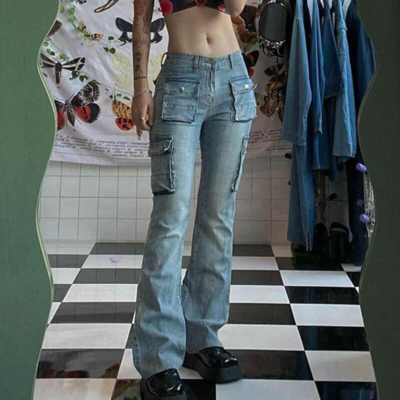 بنطلون جينز نسائي عالي الخصر بنطلون جينز Y2k مطاطي من قماش الدنيم ملابس عتيقة ملابس الجرونج الجرونج 2022