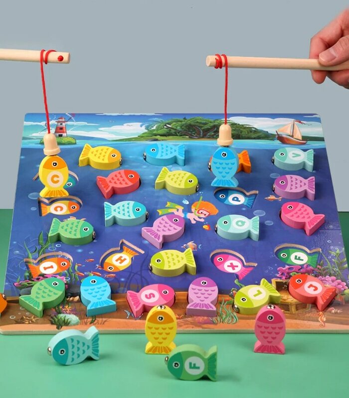خشبي المغناطيسي لعبة Fshing الكرتون الحياة البحرية الإدراك الأسماك قضيب لعب للأطفال في وقت مبكر التعليمية الوالدين والطفل التفاعلية