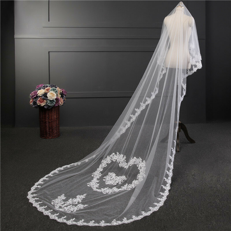 NZUK 2022 طرحة زفاف طويلة طبقة واحدة مع مشط زينة أنيقة 3 متر على شكل قلب نمط الدانتيل حجاب الزفاف الإكسسوار