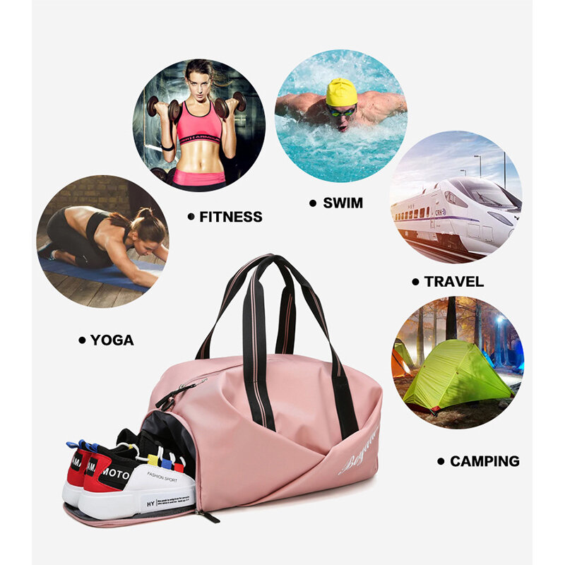Anrissha النساء الرياضة حقيبة أجهزة لياقة خارجية اليد الأمتعة حقيبة سعة كبيرة مقاوم للماء حقيبة السفر الإناث حقيبة عطلة الأسبوع