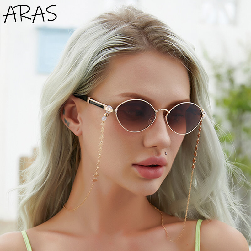 نظارات شمسية دائرية صغيرة كلاسيكية للنساء 2021 مصنوعة من خليط معدني مع وصلة بسلسلة نظارات شمسية للسيدات ماركة فاخرة Gafas DeSol