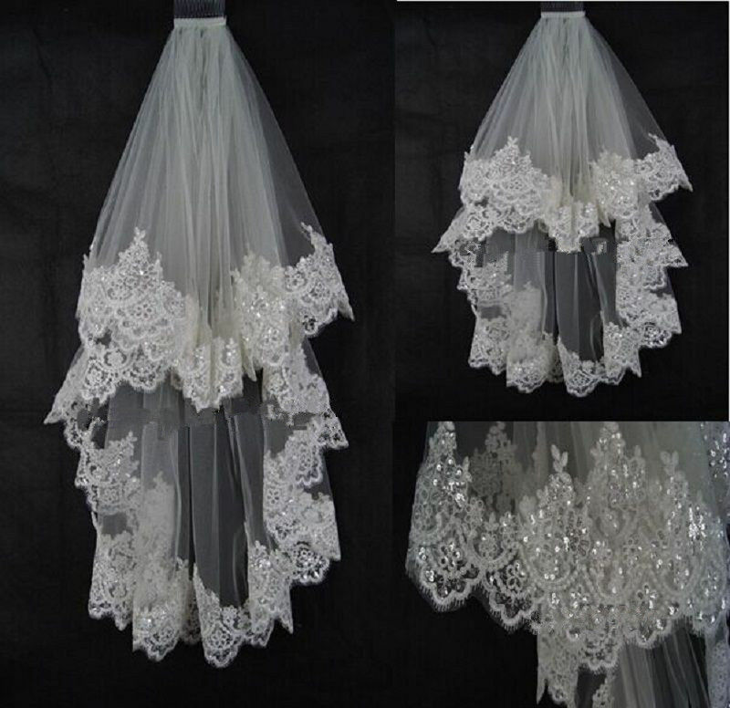جديد عاجي أبيض طول الكوع قصيرة الحجاب الزفاف الزفاف مع الترتر الدانتيل