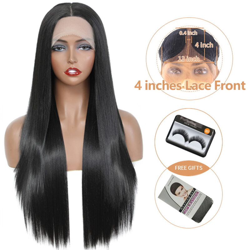 Synthetic Lace Wig With Baby Hair SOKU Heat Resistant Fiber Hair Brown Middle Part Wig Yaki Straight Hairstyle For Black Women