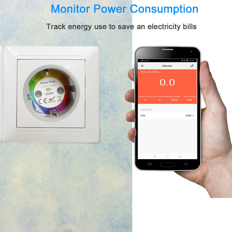 قابس ذكي واي فاي بمقبس 3680 واط 16A مراقبة الطاقة الموقت التبديل الاتحاد الأوروبي منفذ التحكم الصوتي بواسطة أليكسا جوجل