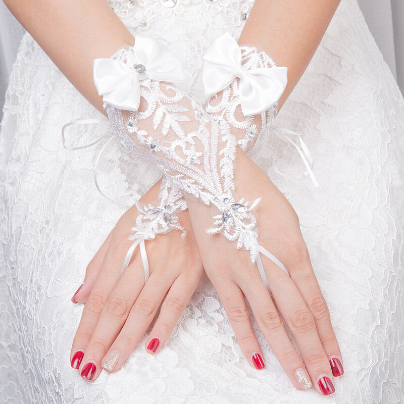 جديد الدانتيل قفازات الزفاف الزهور القوس أصابع العروس قفازات اكسسوارات الزفاف الأبيض قصيرة قفازات الزفاف ل Brid