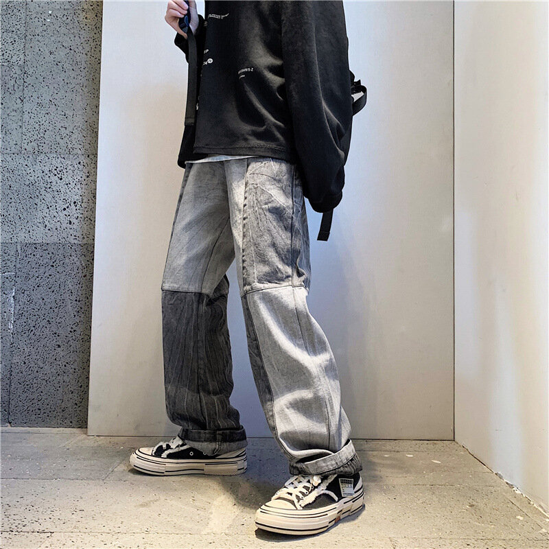 الكورية نمط الرجال الموضة الدنيم واسعة الساق السراويل 2021 جديد الخريف فضفاض مستقيم الساق الجينز سراويل جينز بألواح الذكور