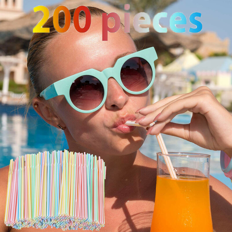 200pcs Plastic Drinking Straws 8 Inches Long Multi-colored Striped Bedable Disposable Straws Party Multi Colored Rainbow Straw