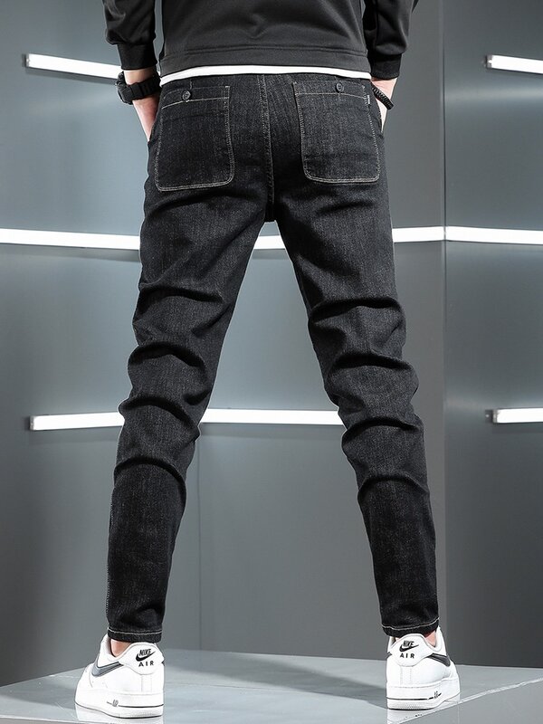 موضة الرجال الجينز الأسود جيب عادية المرقعة سليم صالح سروال شكل قلم رصاص رجالي الكورية نمط الشارع الشهير سراويل جينز