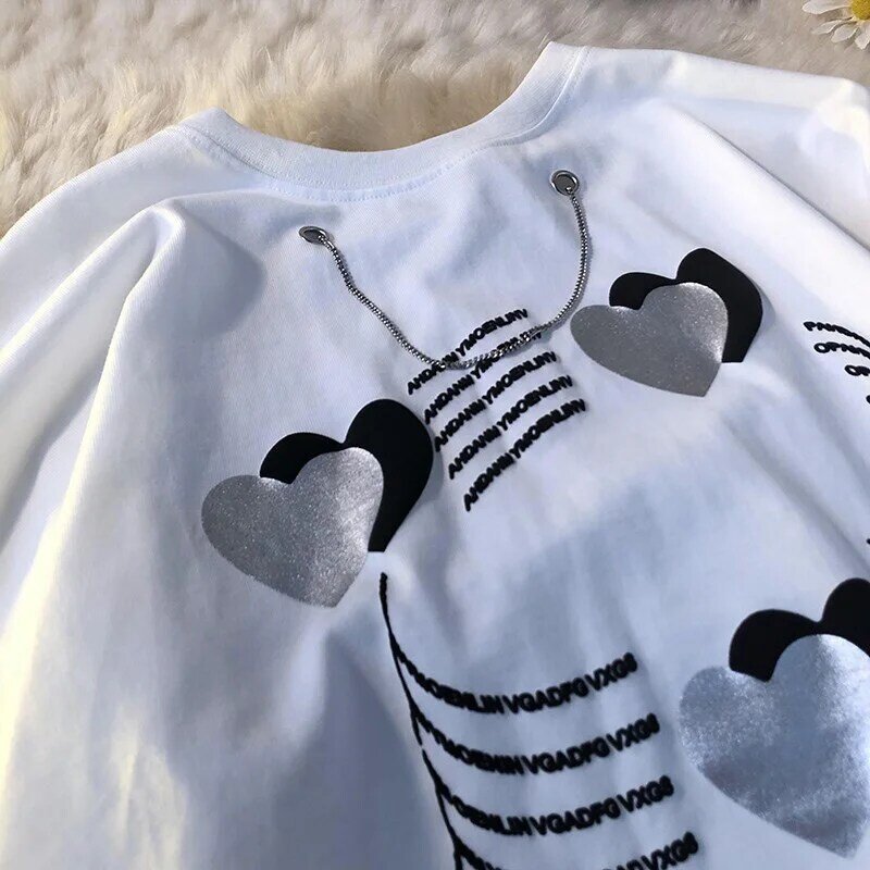الأزواج الموضة الحب الجرافيك طباعة قمصان قصيرة الأكمام التي شيرت الصيف المعتاد فضفاضة اليابانية الشارع الشهير أسود أبيض Harajuku للجنسين
