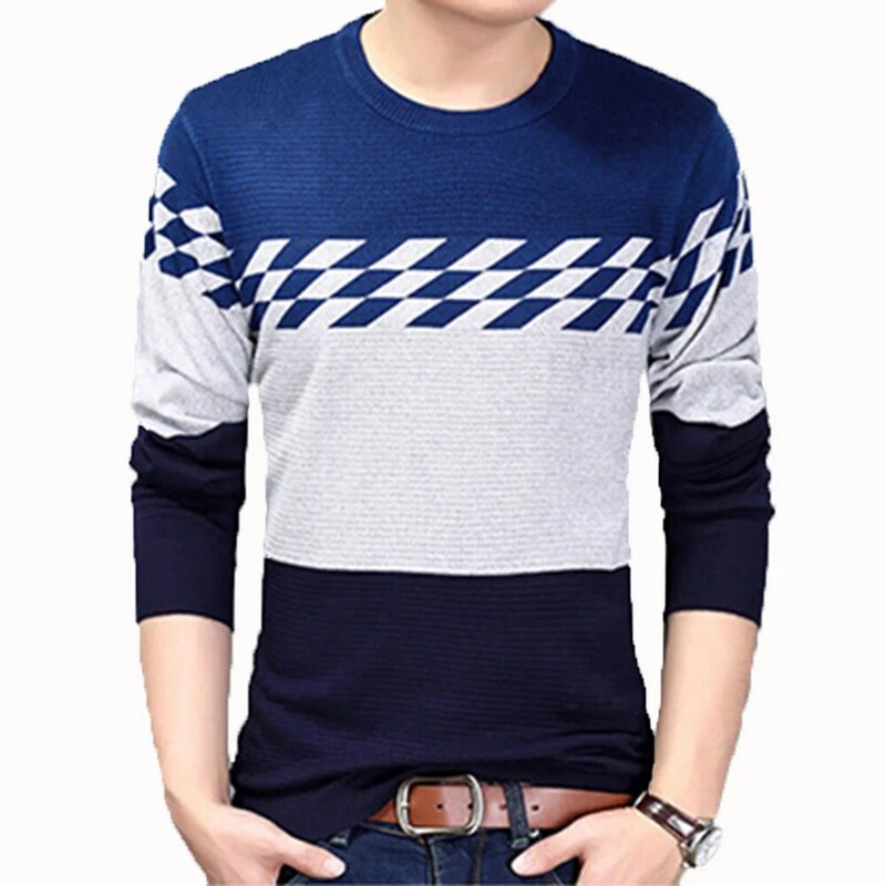 New Autumn Casual Men's Sweater O-Neck Patchwork Slim Fit Knitwear Mens Sweaters Pullover Men Pull Homme S-2XL Streetwear MZM055
