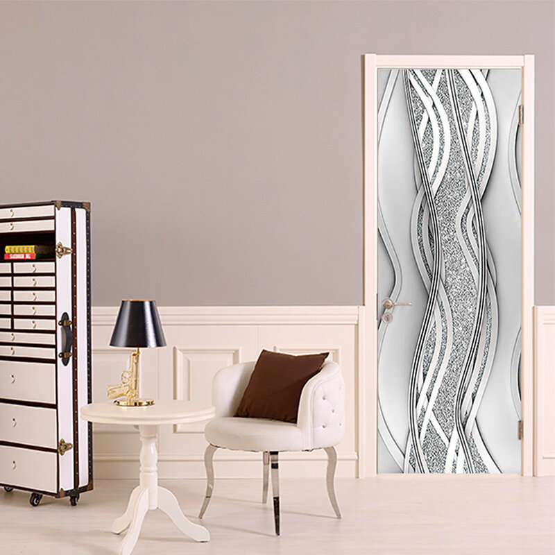 ثلاثية الأبعاد الفضة هندسية الباب ملصق الذاتي لاصق الفينيل الباب ملصق مقاوم للماء ديكور المنزل مائي