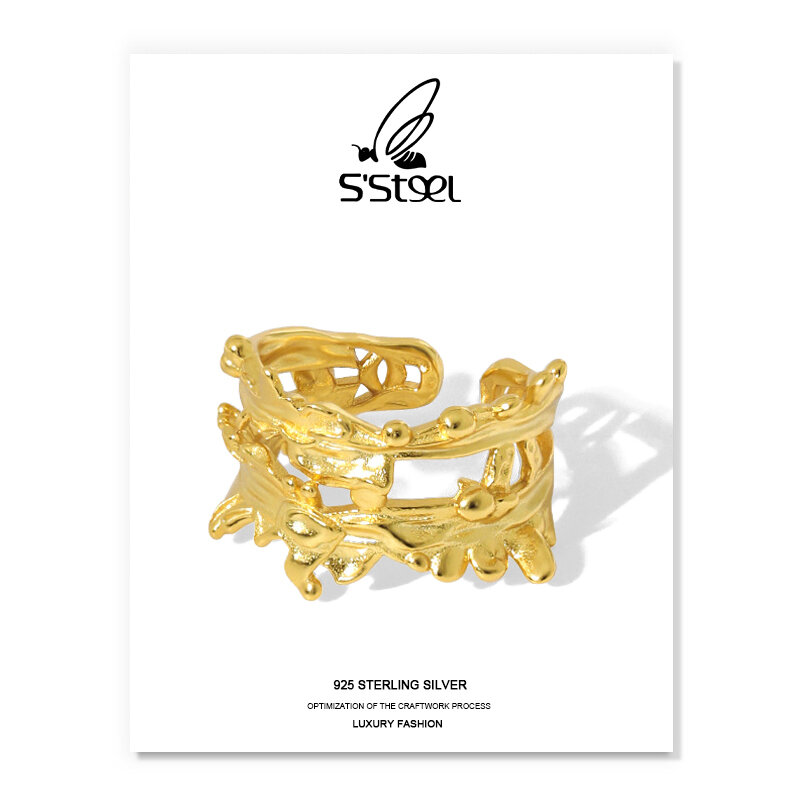 S'STEEL-خاتم من الفضة الإسترليني بتصميم غير منتظم للنساء ، خاتم قابل للتعديل ، 925 فضة استرلينية ، لون ذهبي ، تصميم بسيط ، جوهرة فاخرة ، 925