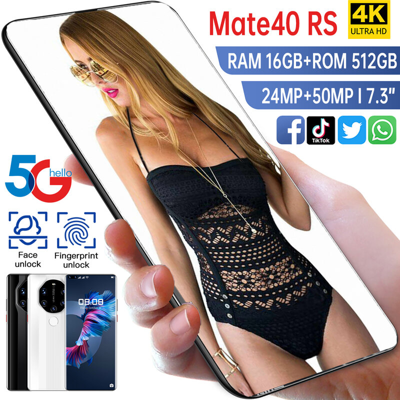 Mate40 RS لعبة الهاتف الذكي 7.3 بوصة 16GB 512GB كبيرة بطارية 6800mah 24MP 50MP الوجه بصمة إفتح الهاتف المحمول أنف العجل 888
