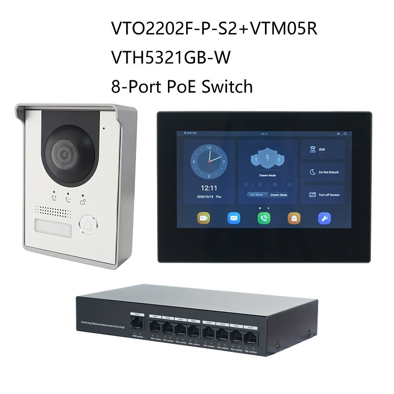 DH متعددة اللغات IP فيديو إنترفون كيت ، تشمل VTO2202F-P-S2 و VTH5321GW-W VTH5321GB-W و PoE التبديل ، SIP الثابتة