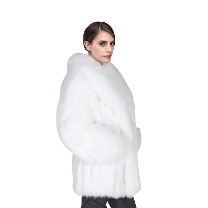 جامبورل 2021 سترة الشتاء النسائية فو الفراء عالية الجودة موضة سميكة الدافئة منتصف طول معطف فرو الثعلب الفضي مع طوق كبير