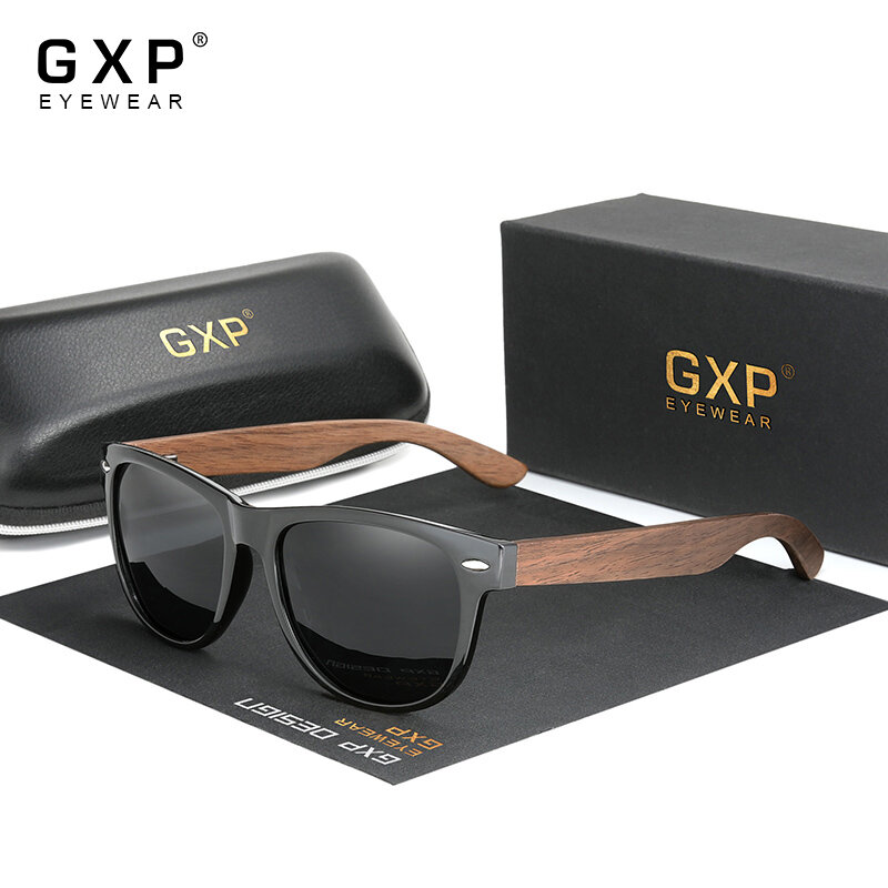 GXP-نظارات شمسية مصنوعة يدويًا من خشب الجوز الأسود للرجال والنساء ، نظارات شمسية مستقطبة ، مرآة ، تصميم مربع عتيق