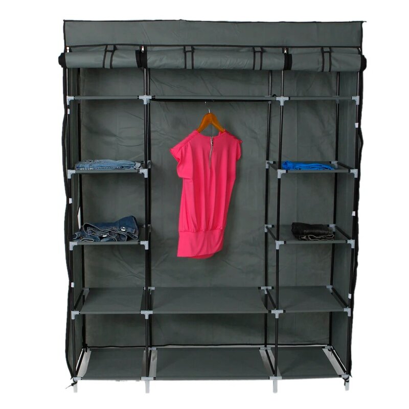 خزانة قماش غير منسوجة من 5 طبقات ، خزانة محمولة ، 133 × 46 × 170 سنتيمتر ، 12 مقصورة ، رمادي