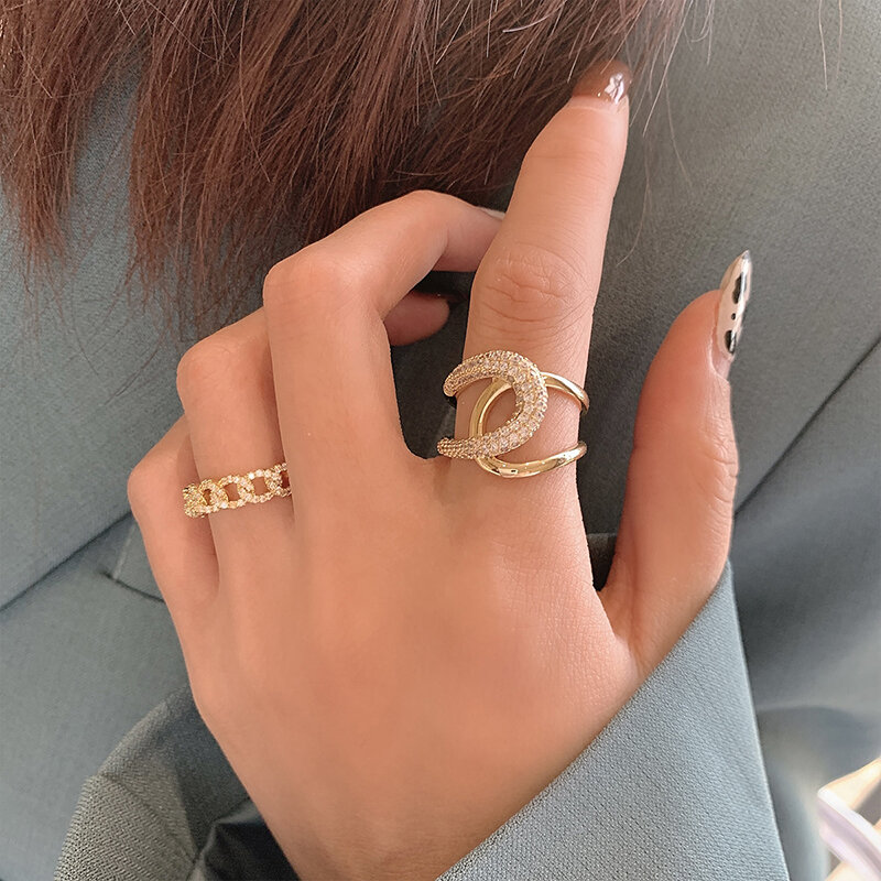 كوريا تصميم جديد مجوهرات الأزياء 14K الذهب الحقيقي الكهربائي رسالة الزركون خاتم أنيق المرأة افتتاح حلقة قابل للتعديل
