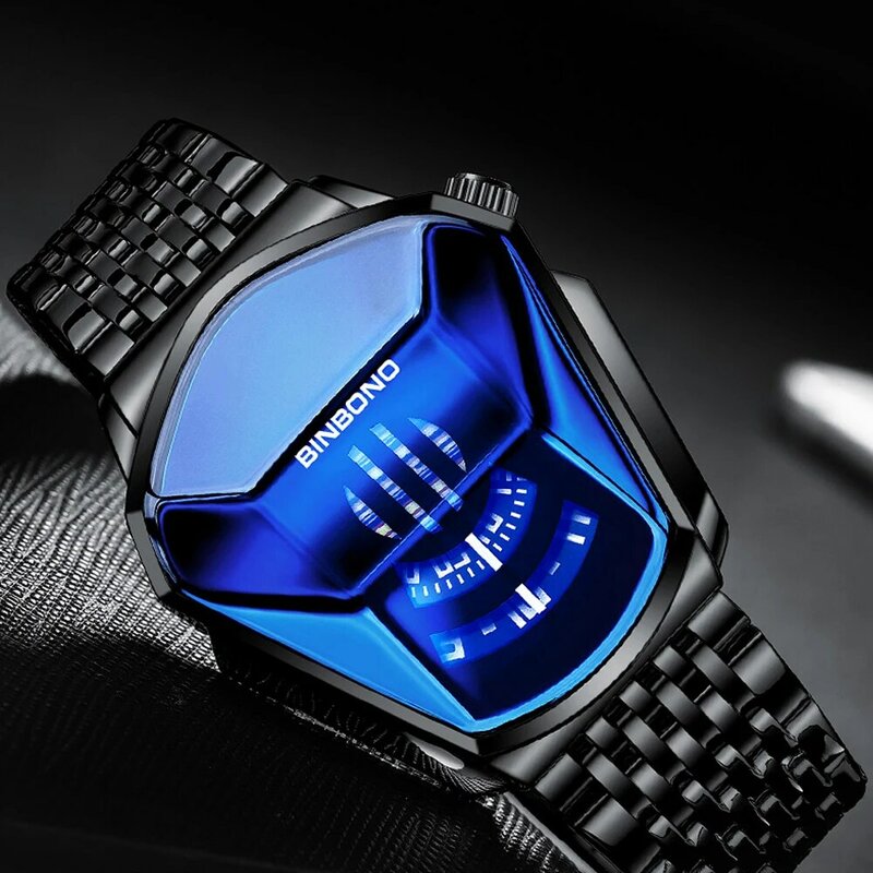 2021 جديد مقاوم للماء رجالي ساعات هندسية قاطرة تصميم ساعة كوارتز للرجال أسود موضة الفولاذ المقاوم للصدأ ساعة الذكور