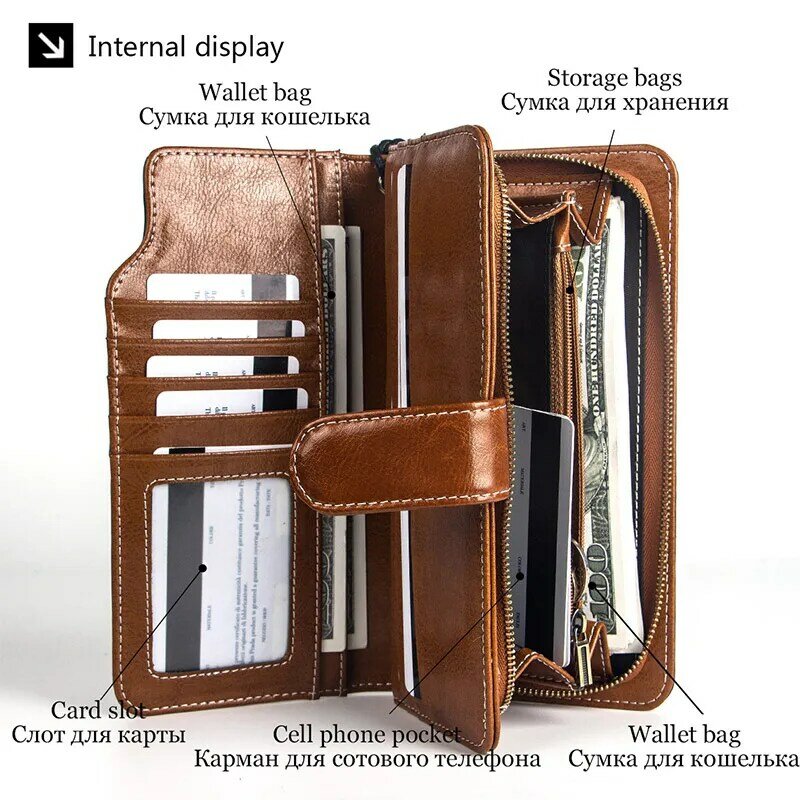محفظة نسائية طويلة من الجلد المنقسمة ، محفظة طويلة قابلة للطي ، حامل بطاقات عمل ، محفظة نسائية