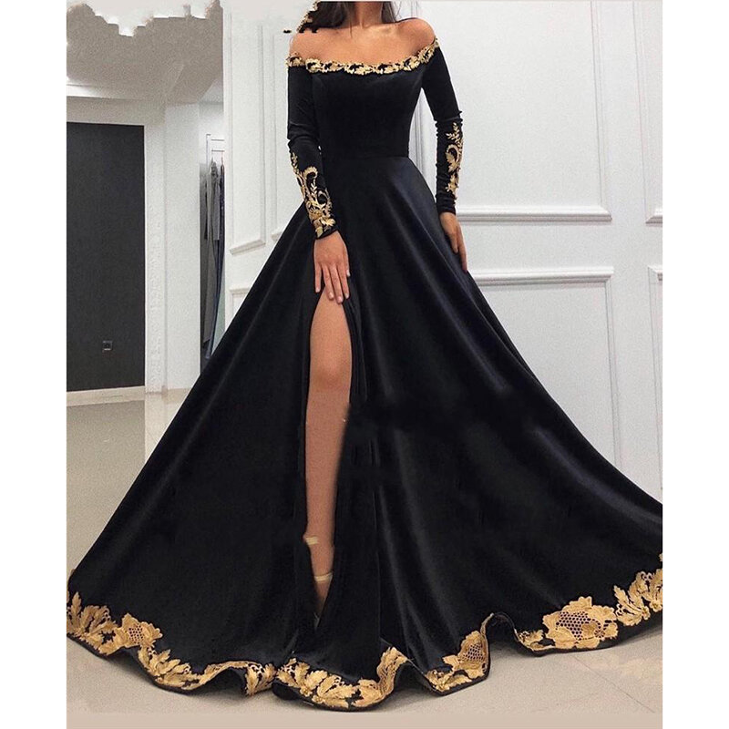 فستان سهرة بأكمام طويلة بالعربية السعودية من Sumnus فستان رسمي من الدانتيل بالزهور الذهبية ذو فتحة عالية عاري الكتفين للحفلات الراقصة للنساء