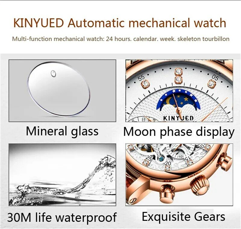 أفضل ماركة KINYUED J025 موضة توربيون الميكانيكية الرجال ساعة جلدية فاخرة حزام مقاوم للماء رجالي ساعات عادية ساعة الذكور