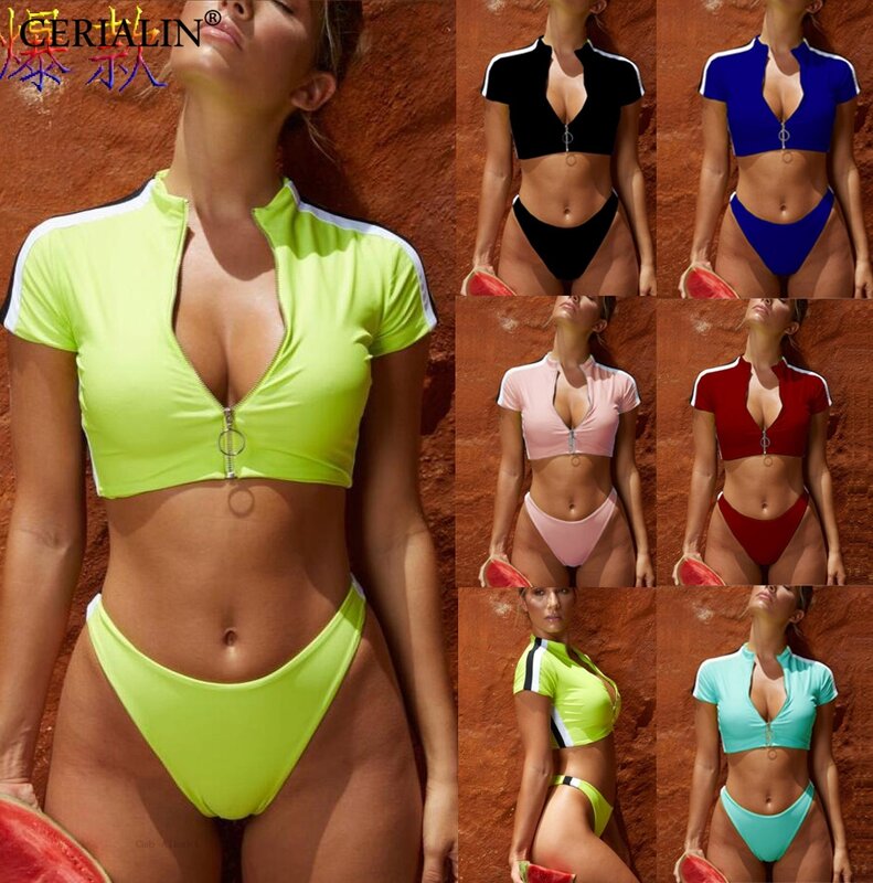 7 ألوان ملابس الرياضة نصف كم ملابس السباحة الإناث سستة ملابس سباحة منخفضة الخصر Hot البيع قطعتين بحر ثوب السباحة
