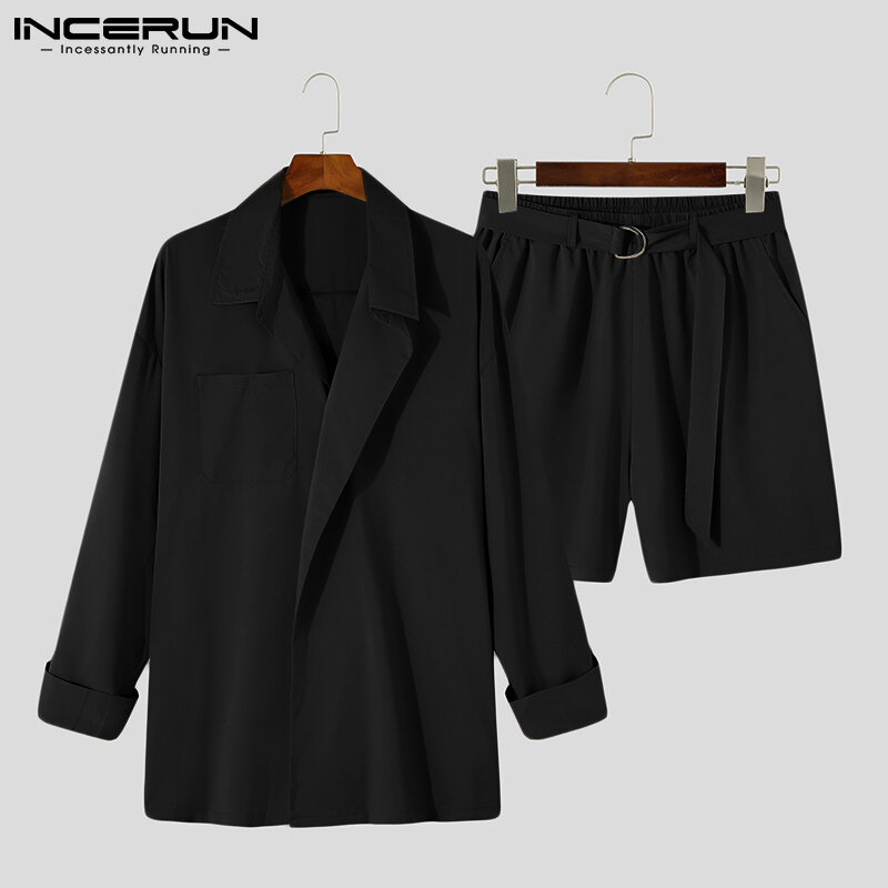 2021 INCERUN جديد الرجال قميص بأكمام طويلة خمس نقاط السراويل اليابانية الكورية نمط عادية موضة ملابس الشارع الشهير دعوى 2 قطع S-5XL
