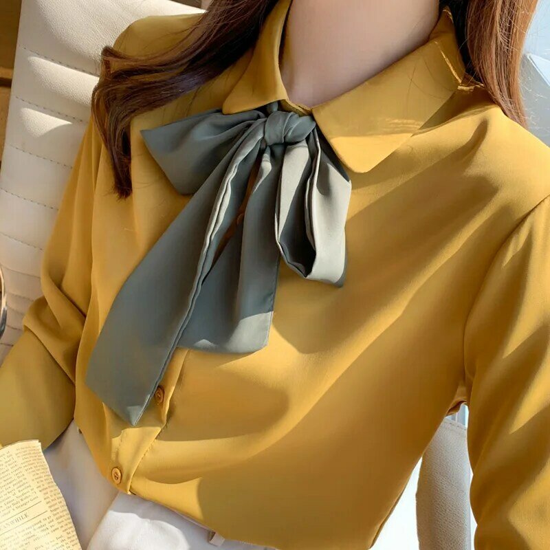 الزنجبيل الأصفر الشيفون قميص المرأة 2021 أوائل الربيع الأعلى ربطة القوس فيونكة تصميم الشعور هونغ كونغ نمط الأقلية المهنية قميص