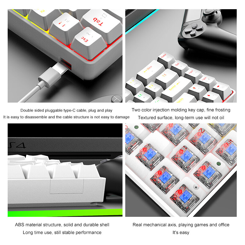 T8 68 مفتاح لوحة مفاتيح الألعاب الميكانيكية 60% USB-C السلكية NKRO RGB الخلفية مقاوم للماء الأحمر/الأزرق/البني مفاتيح لأجهزة الكمبيوتر