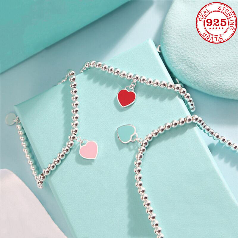 صالح الأصلي S925 فضة الأزرق الوردي المينا سوار على شكل قلب للنساء الكلاسيكية موضة الحب السيدات مجوهرات شحن مجاني