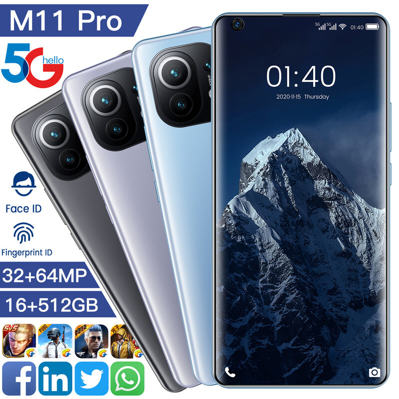 هاتف Xiao M11 Pro الذكي 16G + 512G Deca Core 5G شبكة معرف بصمة الوجه معرف الوجه 7.3 بوصة HD شاشة الإصدار العالمي للهاتف المحمول